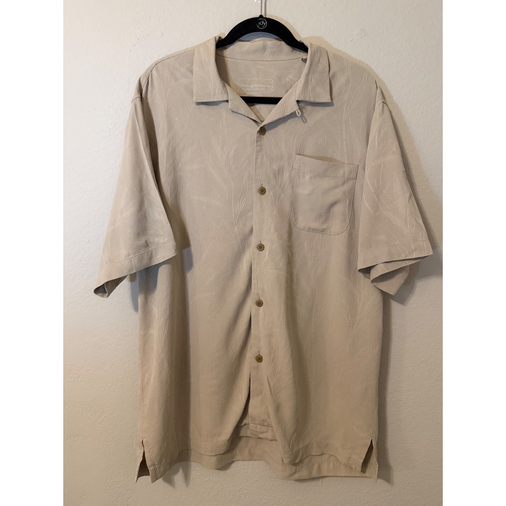Tommy Bahama Mens Beige 100% Silk Jacquard Leaf Camp Shirt Medium